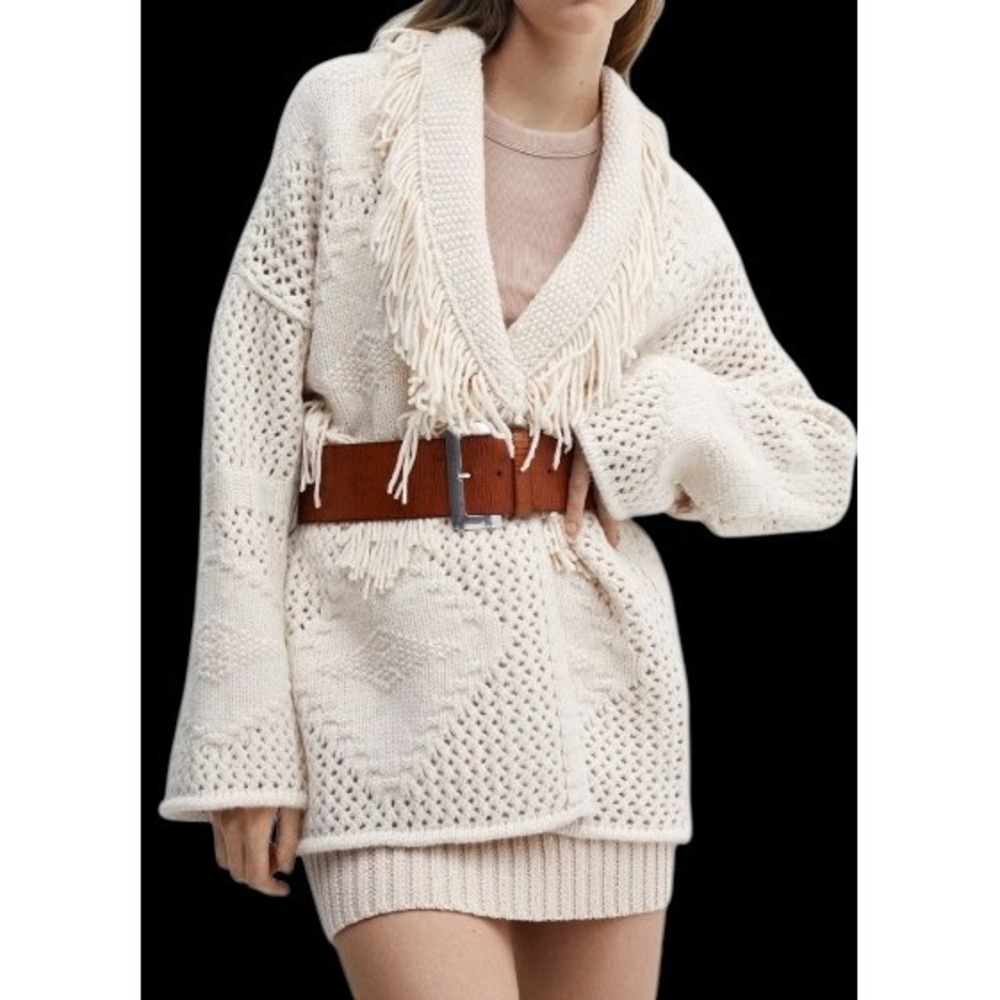Mango Fringe Wool Blend Open Front Chunky Knit Cardigan Cream Western M